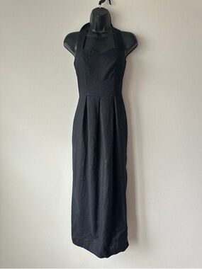 90s Laura Ashley Linen Black Halter Maxi Dress S